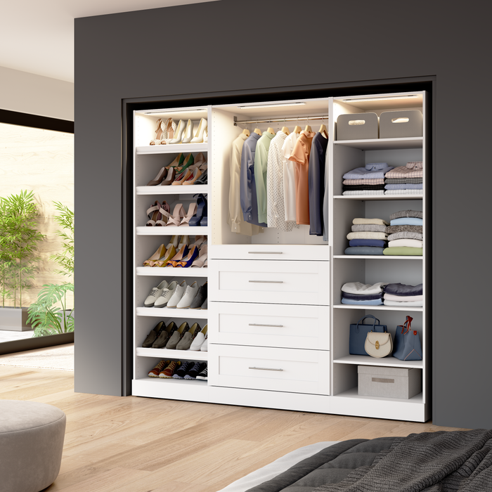 Bestar Florence 85\" Modular Reach-In/Walk-In Closet System with LED Lights, Drawers and Shoe Shelves