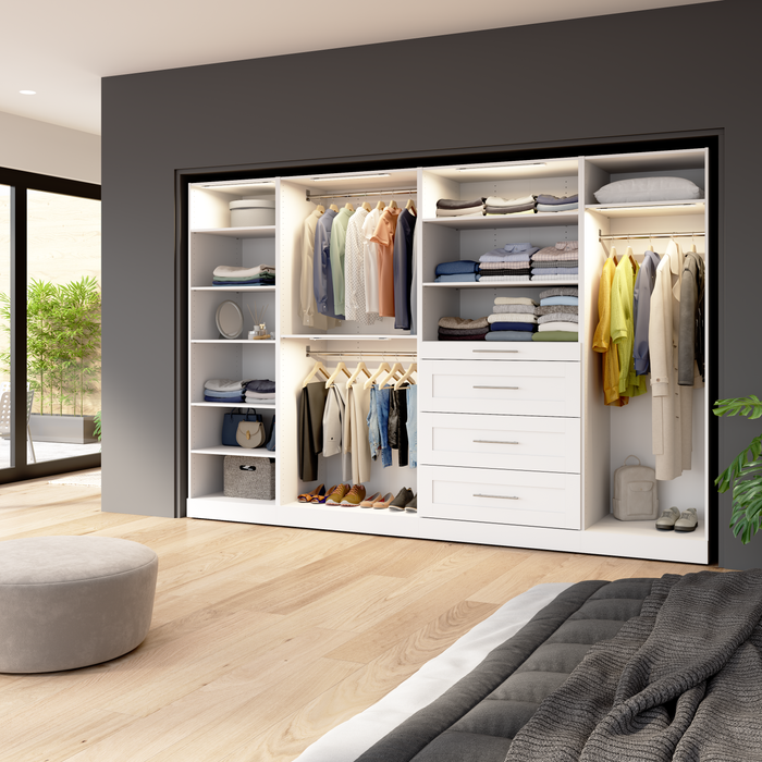 Bestar Florence 121\" Modular Walk-In Closet System with LED Lights, Rods, Shelves and Drawers Shaker