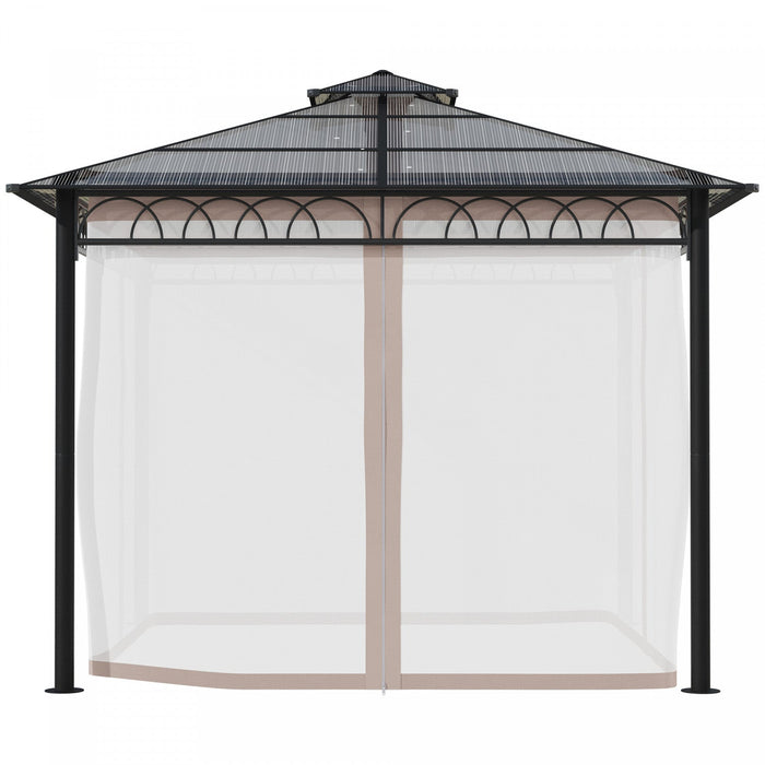 Outsunny 9' X 10' Double roof Hardtop Gazebo With Nettings curtains Khaki