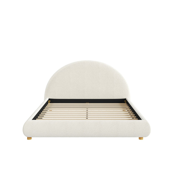 Harold Platform Bed with Boucle Upholstered Round Curved Headboard and Low-Profile Frame,Queen Size,White Queen Bed  