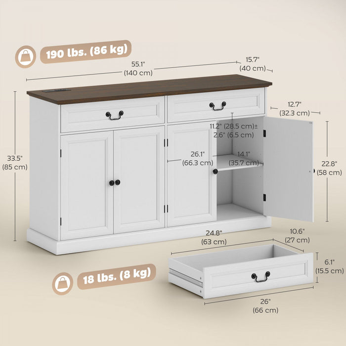 HOMCOM Buffet Cabinet with Charging Station, 55" Farmhouse Sideboard, White