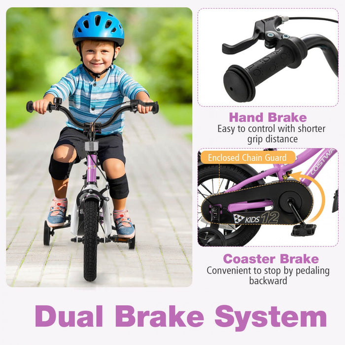 Costway 12" Kids Bike For 3-4 Years Old Boys & Girls With Adjustable Seat Handbrake Reflectors Purple