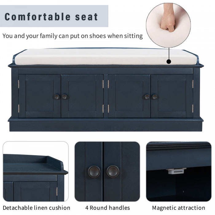 Daniel Solid Wood Storage Bench With 4-door Shoe Cabinet With Adjustable Shelves - Antique Navy 