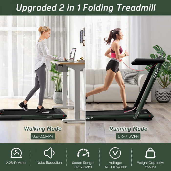 Superfit 2.25hp 2 In 1 Dual Display Folding Treadmill Jogging Machine W/app Control Green