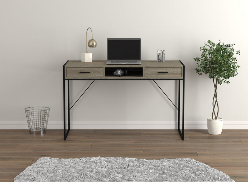 48” Computer Desk With 2 Drawers and 1 Shelf - Dark Taupe With Black Metal Base 