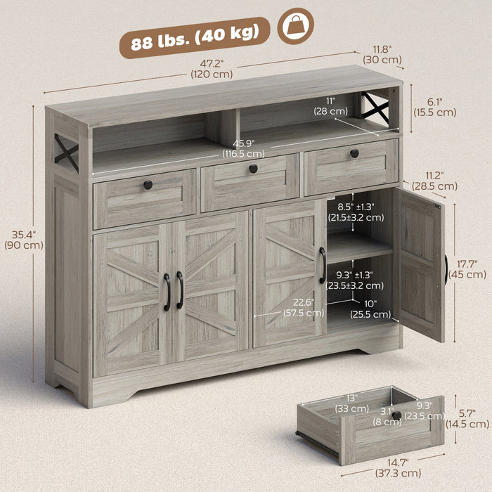 HOMCOM Sideboard, Buffet Cabinet with 4 Barn Doors and 3 Drawers Grey