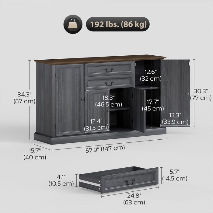 HOMCOM 58" Farmhouse Sideboard Buffet Cabinet with Charging Station Black