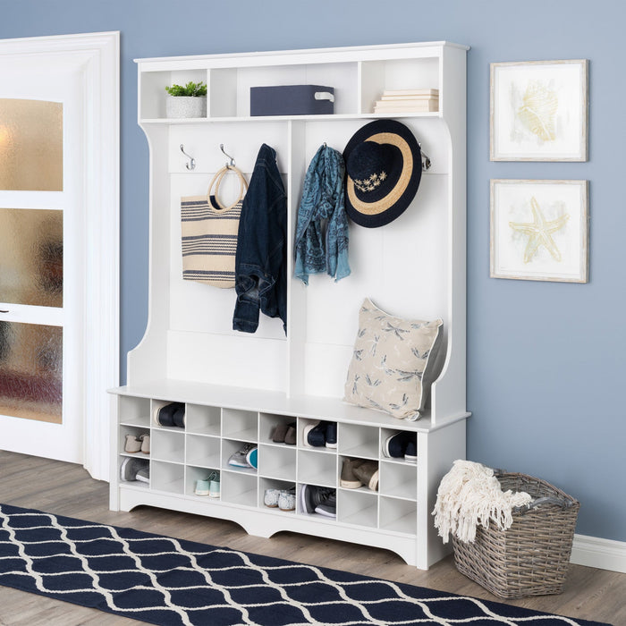 Hall Tree with 24 Shoe Cubbies - White