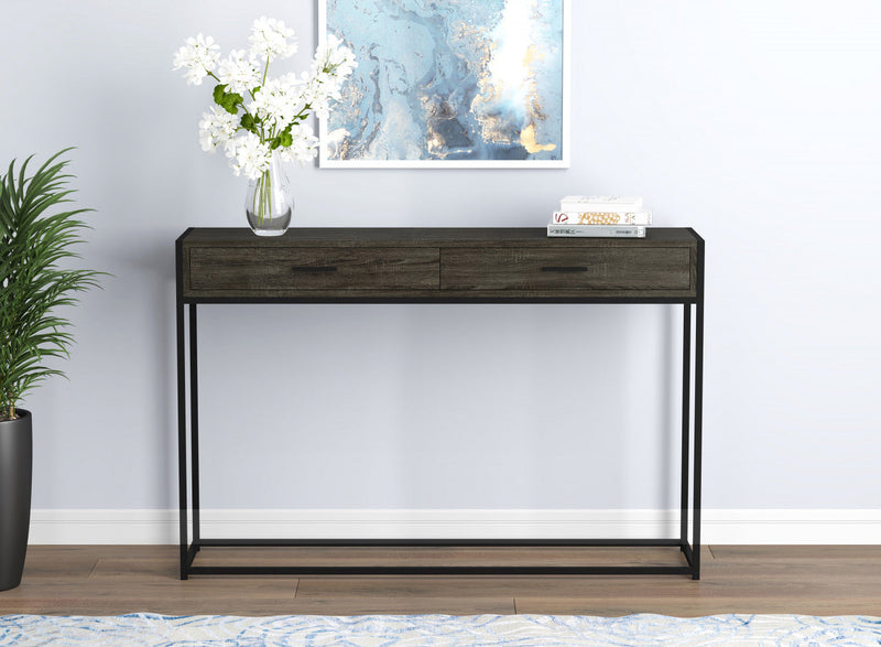 48” Modern Console Table With 2 Drawers - Dark Grey Wood With Black Metal 