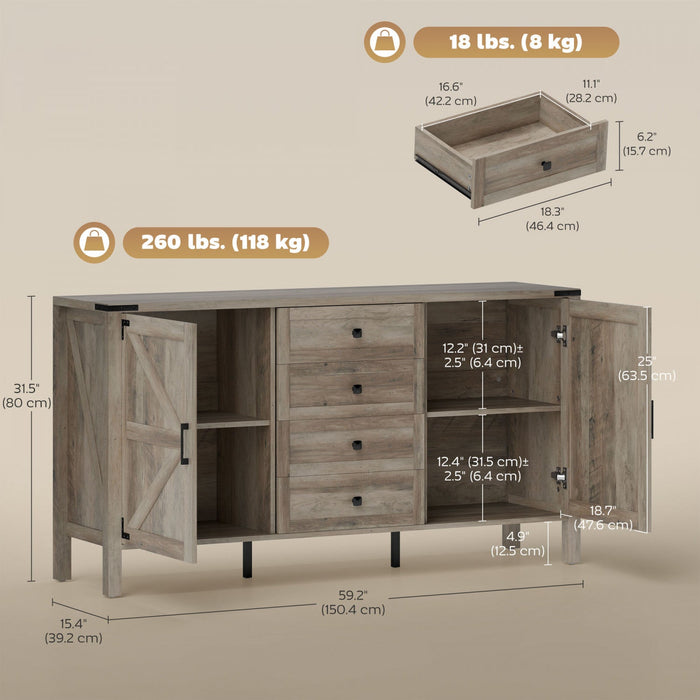HOMCOM 59" Farmhouse Sideboard Buffet Cabinet with 2 Barn Doors, Grey