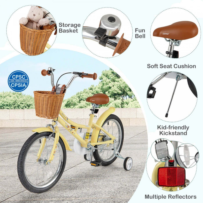 Costway 18" Kids Bike With Height Adjustable Handlebar Seat Basket Bell Training Wheels Yellow