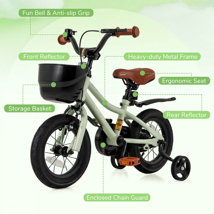 Costway 12" Kid's Bike With Training Wheels Adjustable Handlebar & Seat Handbrake Green