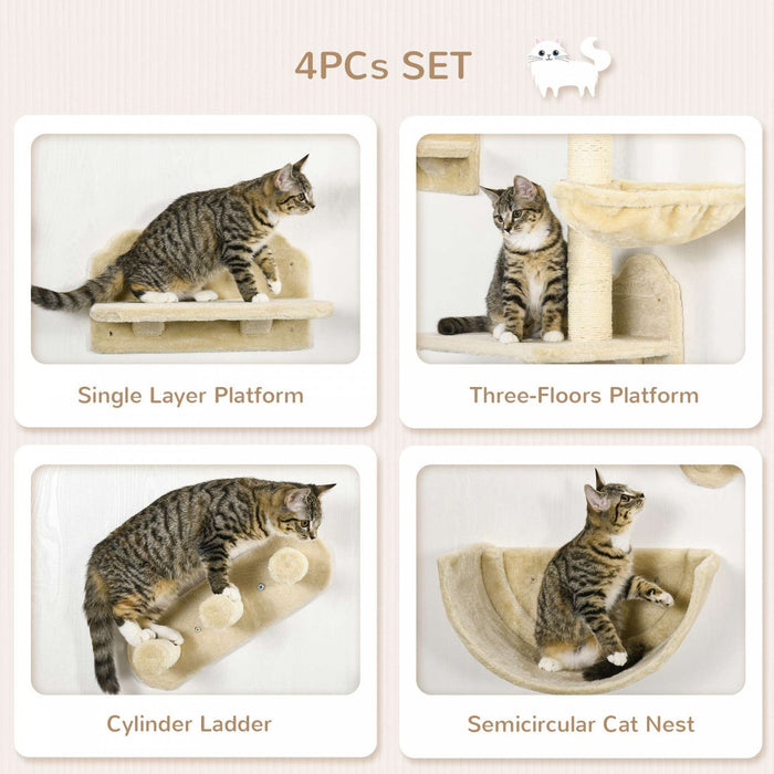Pawhut Cat Wall Climber With Hammock, Scratching Post, 3 Steps, Jumping Platforms, Cat Wall Shelves 