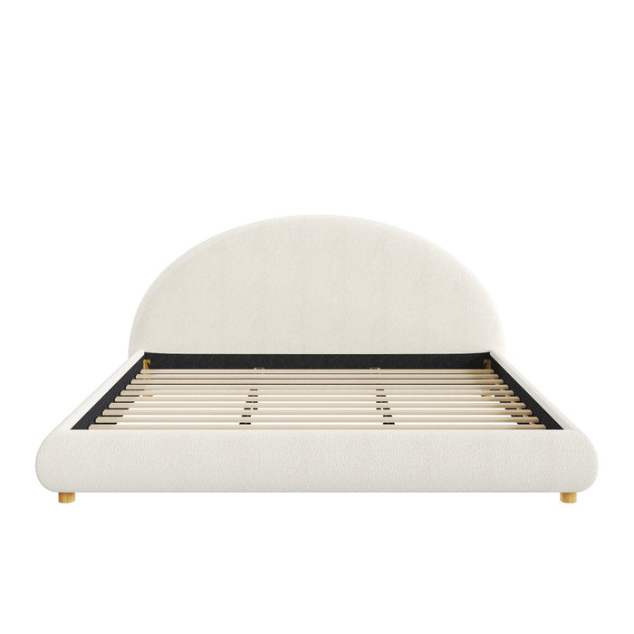 Harold Platform Bed with Boucle Upholstered Round Curved Headboard and Low-Profile Frame,King Size,White King Bed  