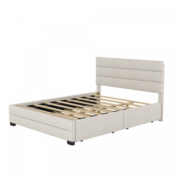 Sophie Linen-look Fabric Upholstered Platform Bed With Trundle And Storage Drawers, Queen Size - Beige 