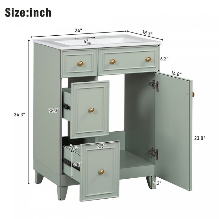 Jonas 24\" Solid Wood Bathroom Vanity Cabinet With Storage Drawers And Door - Green 