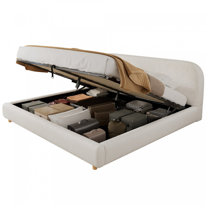 Laurel Ottoman Hydraulic Lift Storage Platform Bed with Boucle Upholstered and Hidden Under-White  