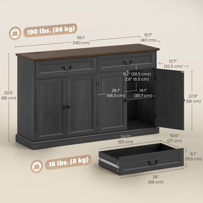 HOMCOM Buffet Cabinet with Charging Station, 55" Farmhouse Sideboard, Black