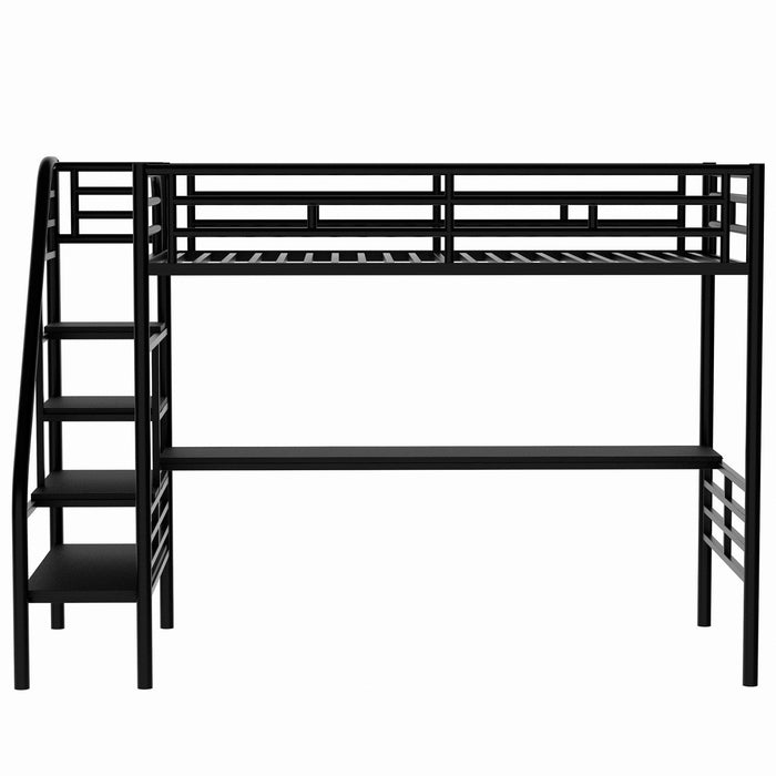 Cherry Twin Loft Space-saving Metal Bed With Desk, Led Light - Black 