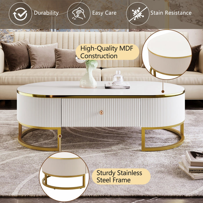 Edison 47.2\" Oval Engineered Wood Coffee Table With Storage Drawers - White 