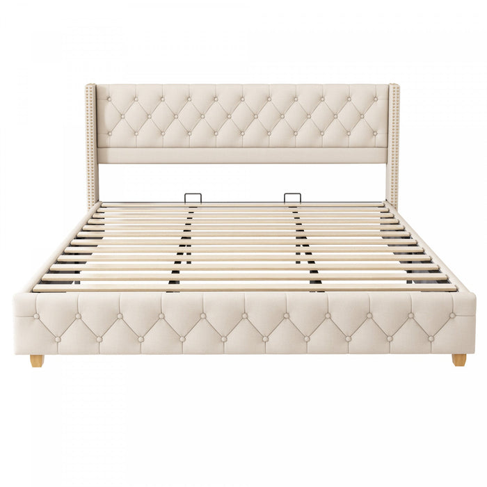 Haley Linen Upholstered Platform Bed with Classic Wingback Headboard and Diamond Tufted Upholstery,King Size,Beige King Bed  