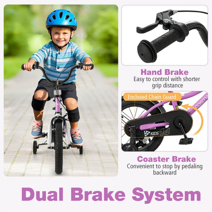 Costway 14" Kids Bike For 3-5 Years Old Boys & Girls With Adjustable Seat Handbrake Reflectors Purple