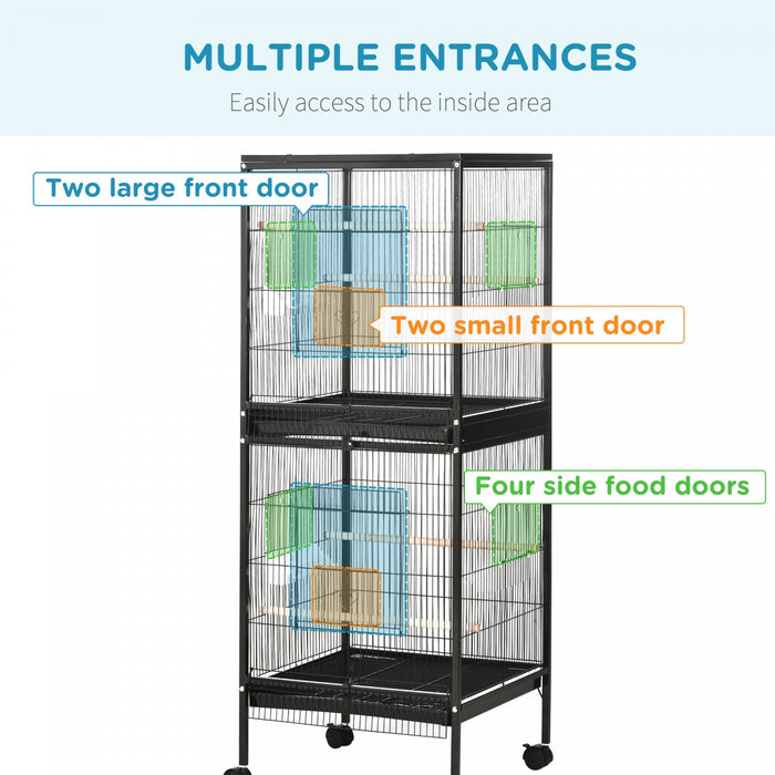 Pawhut 55.1\" 2 In 1 Bird Cage Aviary Parakeet House For Finches, Budgies With Wheels, Slide-out Tray