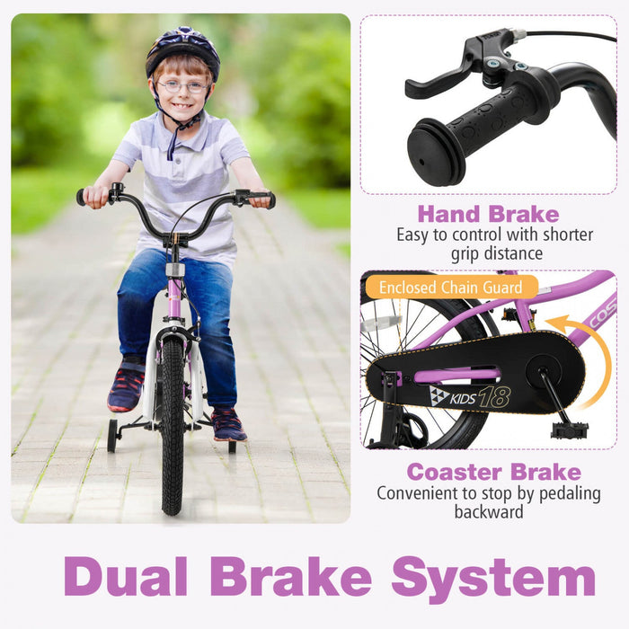 Costway 18" Kids Bike For 4-8 Years Old Boys & Girls With Adjustable Seat Handbrake Reflectors Purple