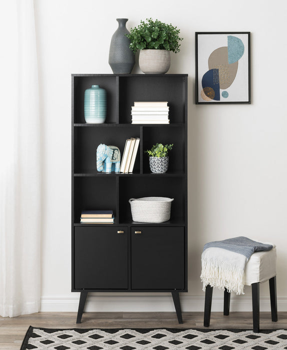 Milo Mid-Century Modern Bookcase with 6 Shelves, 2 Doors & Brushed Brass-Finished Knobs - Black