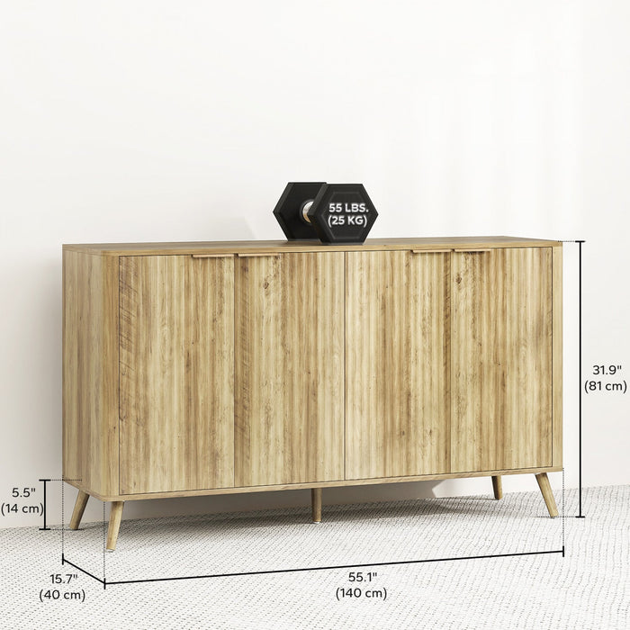 HOMCOM 55" Modern Sideboard Buffet Cabinet with Storage 4 Fluted Doors Oak