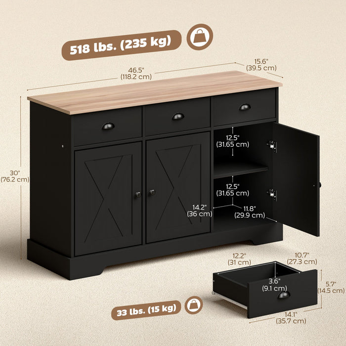 HOMCOM 46.5" Sideboard Buffet Cabinet with 3 Barn Doors and 3 Drawers Black