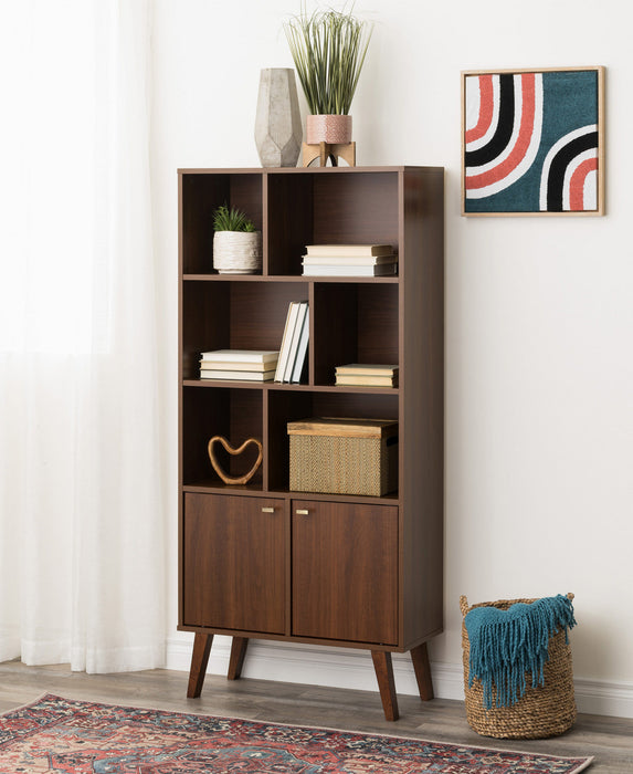 Milo Mid-Century Modern Bookcase with 6 Shelves, 2 Doors & Brushed Brass-Finished Knobs - Cherry