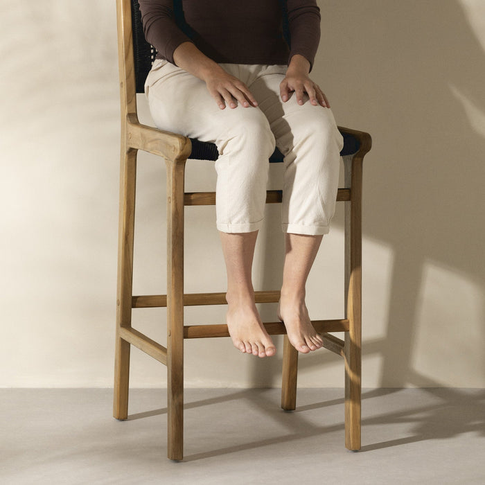 Agave Teak Wood & Woven Rope Bar Stool - Black & Natural