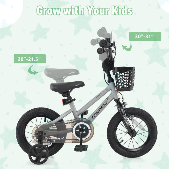 Costway 14" Kid's Bike With Training Wheels Adjustable Handlebar & Seat Handbrake Silver