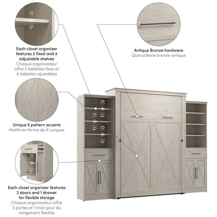 Bestar Key West Queen Murphy Bed & Closet Organizers with Doors & Drawers (119 W) - Linen White Oak