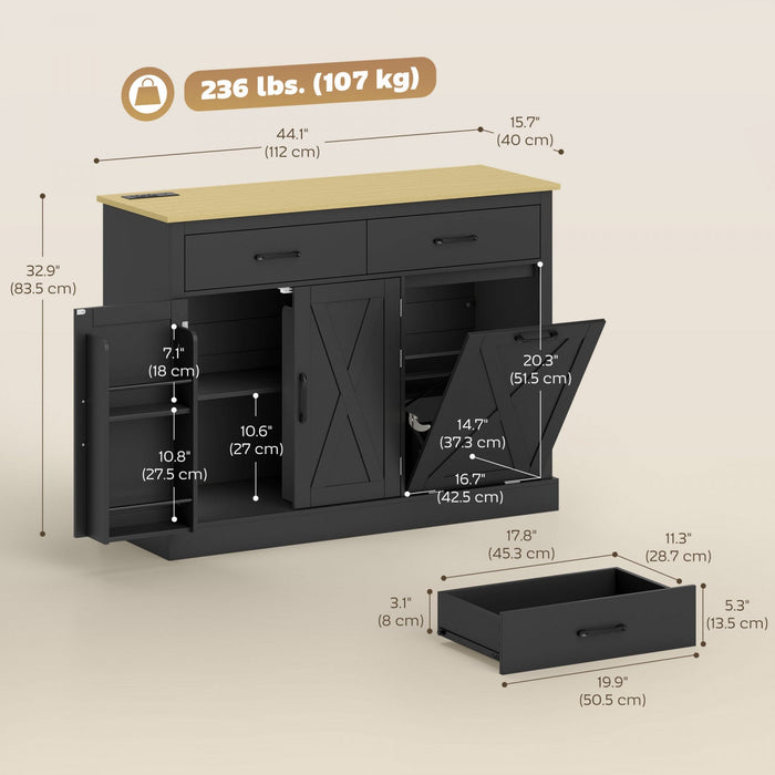 HOMCOM Tilt Out Trash Cabinet with Charging Station, Kitchen Island, Black