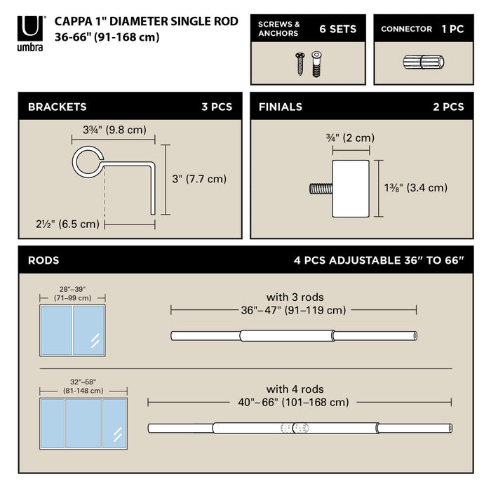 Umbra Cappa Gold Expandable 1\" Curtain Rod - 36\"-66\" 