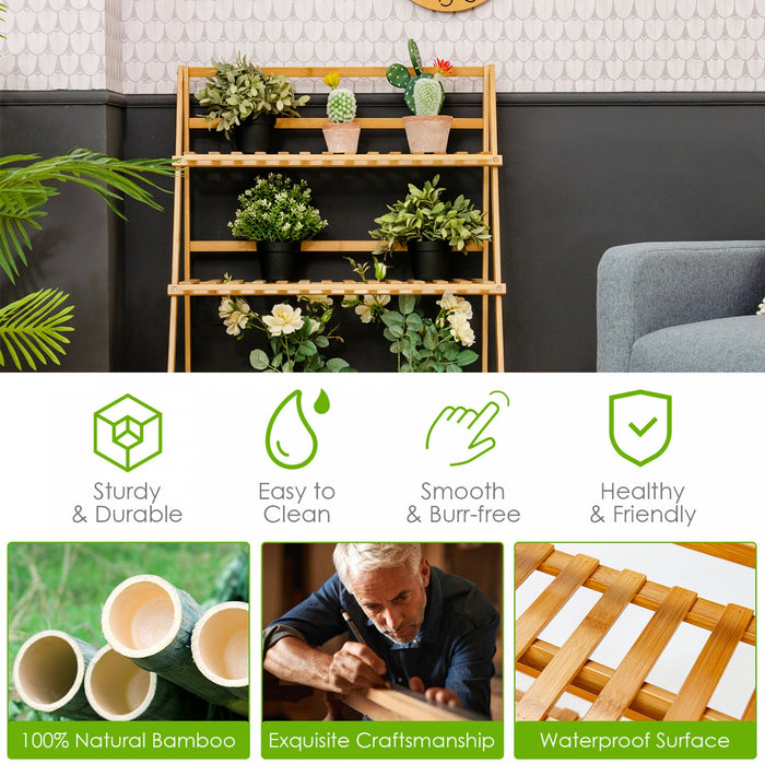 Costway Bamboo Ladder Plant Stand 3-tier Foldable Flower Pot Display Shelf Rack Natural