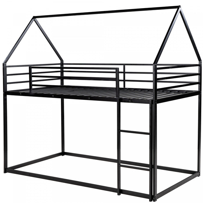 Liam House Bunk Bed with Built-in Ladder and Metal Frame,Twin Over Twin Size,Black  