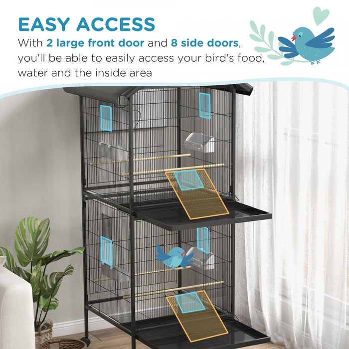 Pawhut Wrought Metal Bird Cage Feeder With Rolling Stand Perches Food Containers Doors Wheels 67\" H,
