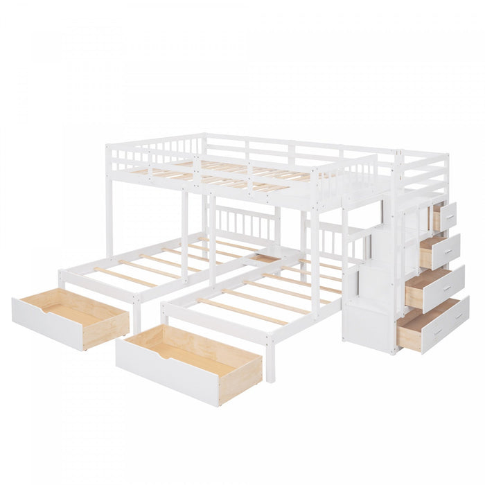 Claire Solid Wood Twin Triple Bunk Bed With Drawers And Guardrails - White 