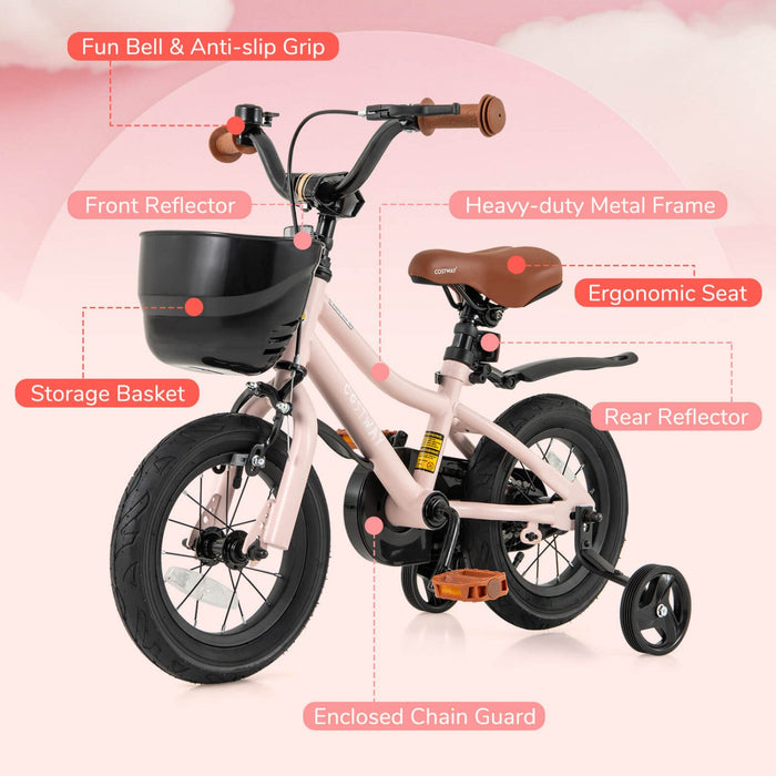 Costway 12" Kid's Bike With Training Wheels Adjustable Handlebar & Seat Handbrake Pink