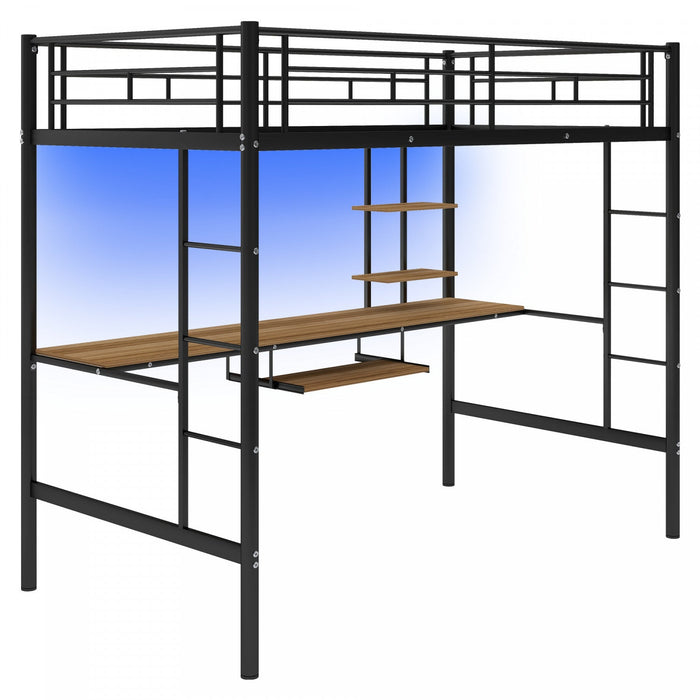 Andy Twin Loft Space-saving Metal Bed With Desk And Led Light - Black 