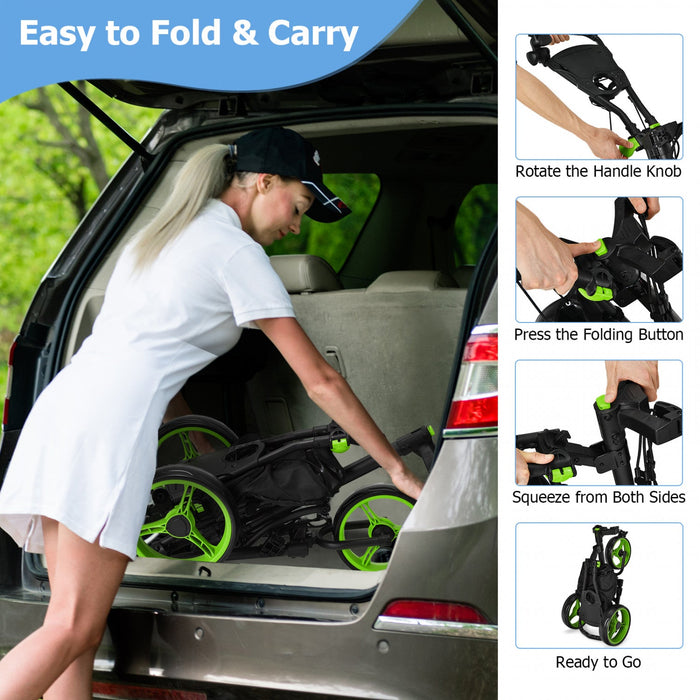 Goplus Folding 3 Wheels Golf Push Cart W/bag Scoreboard Adjustable Handle Green