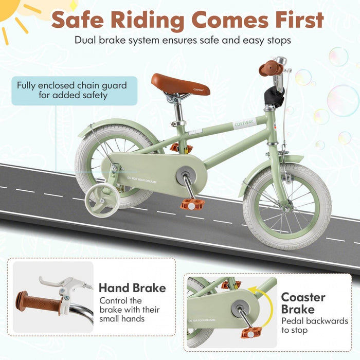 Costway 12" Kids Bike With Adjustable Saddle Handlebar Removable Training Wheels Handbrake Green