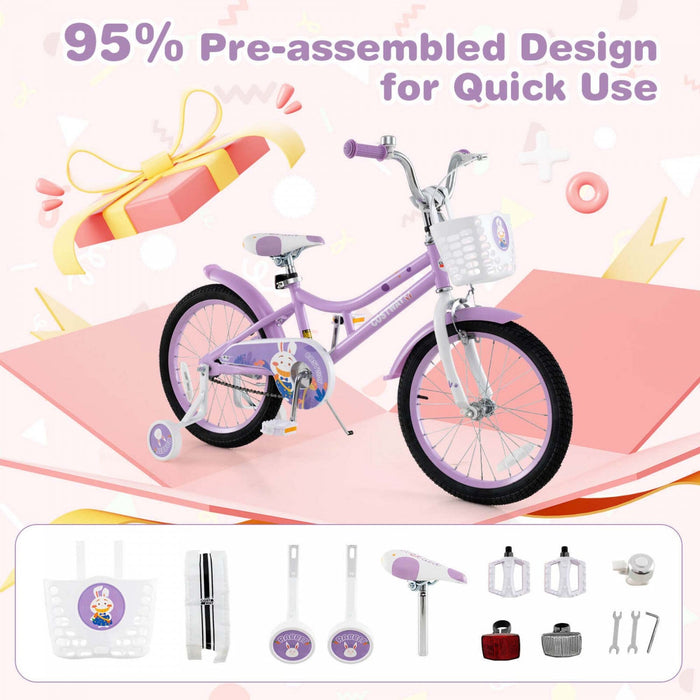 Costway 18" Girl Bike With Basket Detachable Training Wheels Adjustable Seat Handbrake Coaster Brake Purple