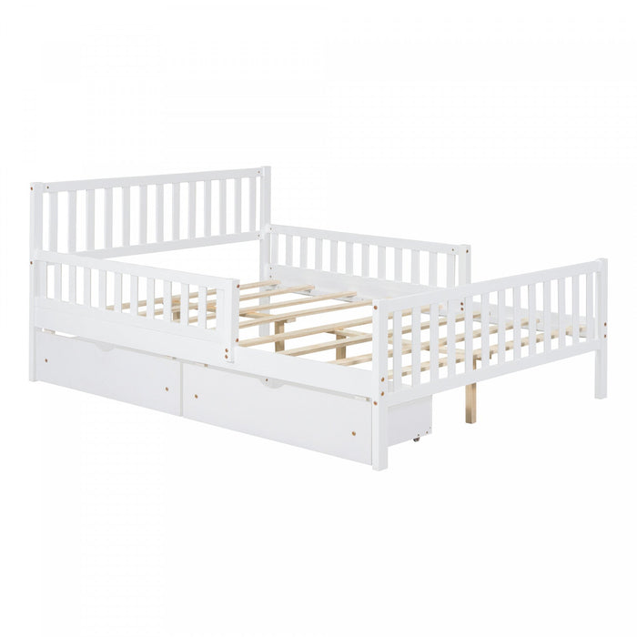 Emma Wood Platform Bed with Guardrails and Storage Drawers,Full Size - White 