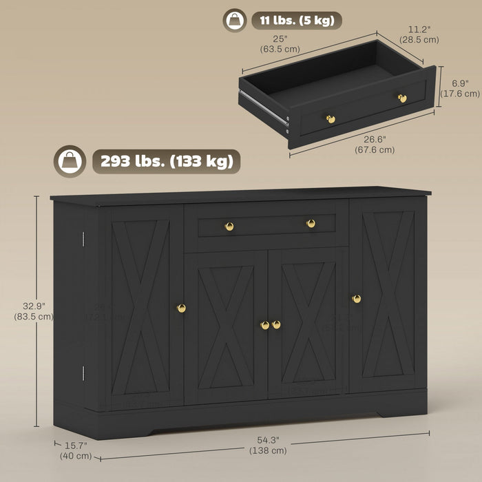 HOMCOM 54" Sideboard Buffet Cabinet, Farmhouse Kitchen Cabinet, Black