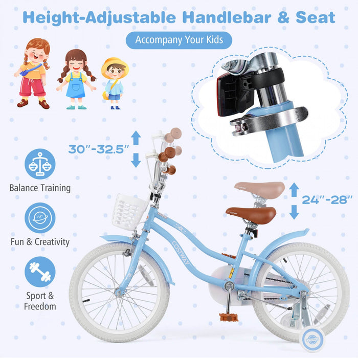 Costway 18" Kids Bike Toddler Bicycle With Training Wheel Kickstand For 4-8 Years Blue