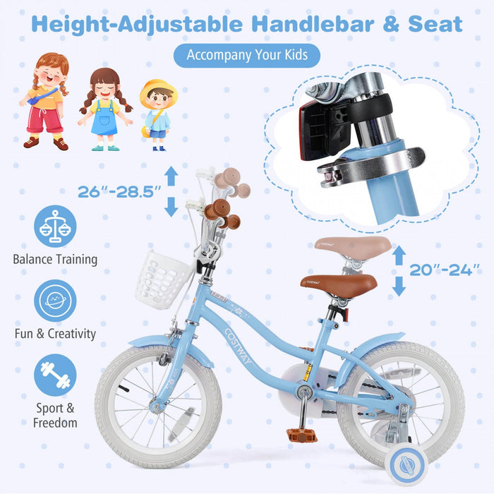 Costway 14" Kid's Bike With Removable Training Wheels & Basket For 3-5 Years Old Blue